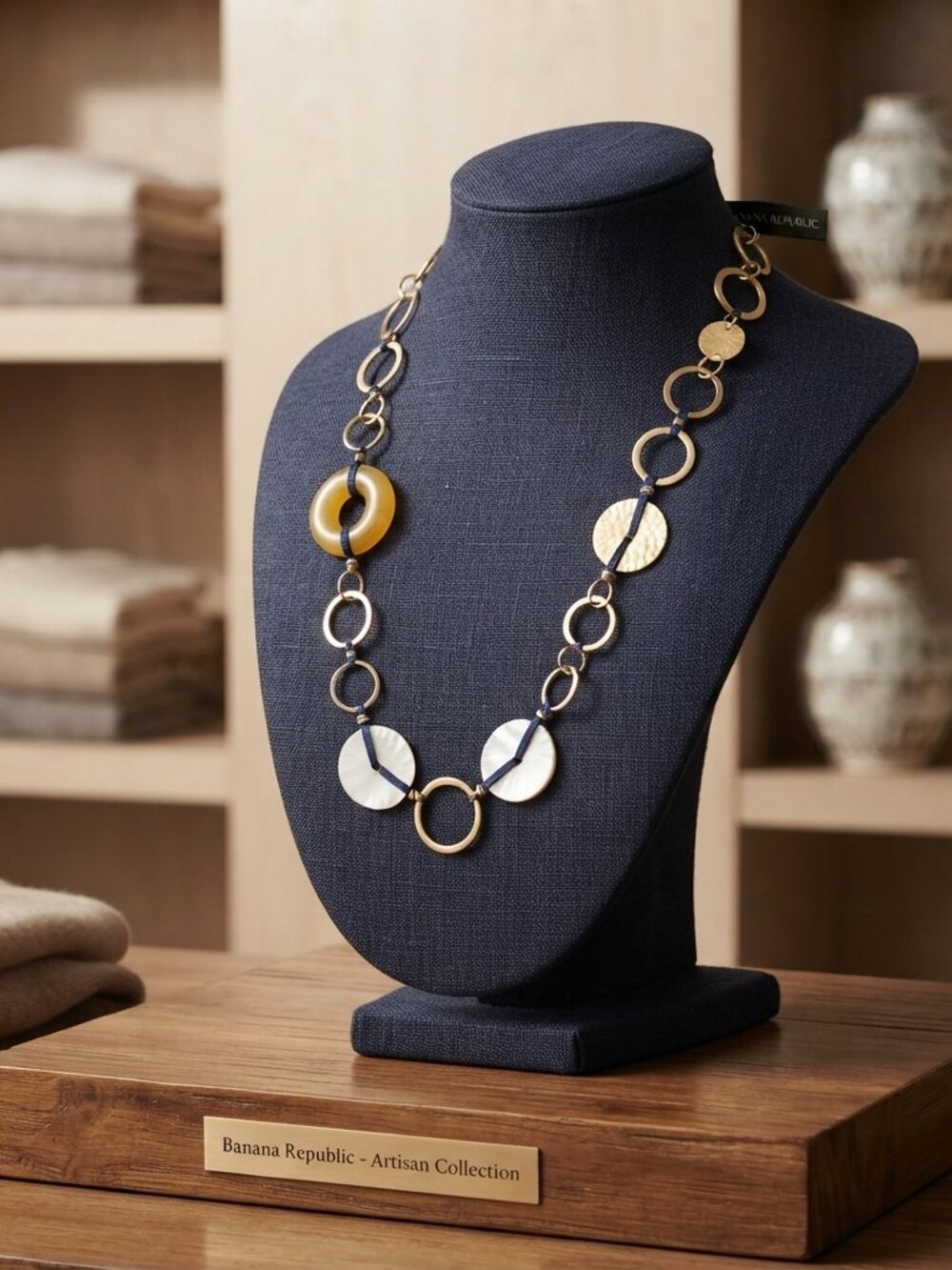Banana Republic Long Link Statement Necklace Mother of Pearl Resin Yellow